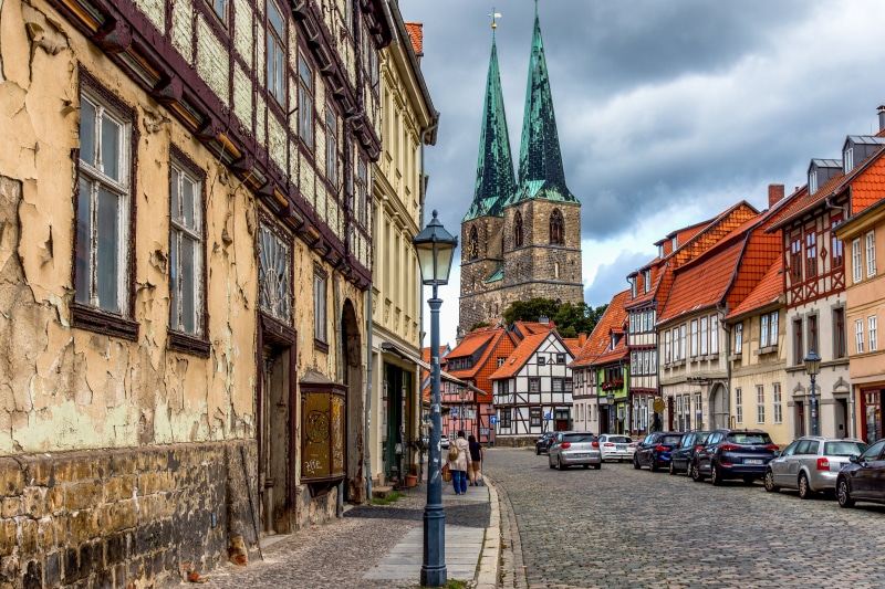 Quedlinburg Germany Street with Church and Half-Timbered Houses
