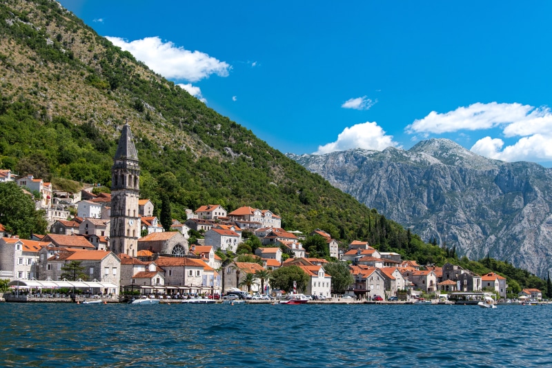 Perast town with tower in Bay of Kotor, Montenegro