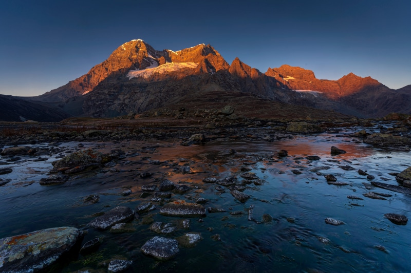 Mountains and river at sunrise, Gangabal Lake, India