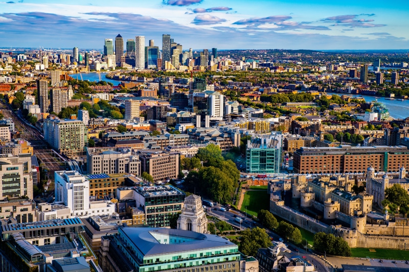Aerial View of London Skyline with Tower of London