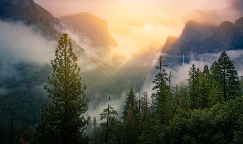 Yosemite National Park Mountains with Fog and Sunrise