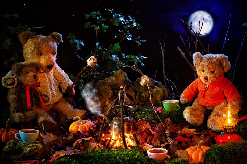 Teddy bears by a bonfire at night with moon