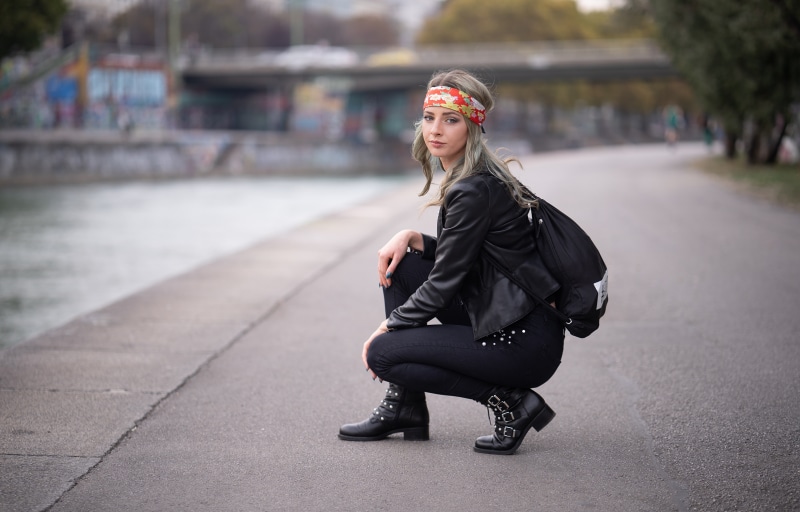 Justyna with Backpack on Asphalt