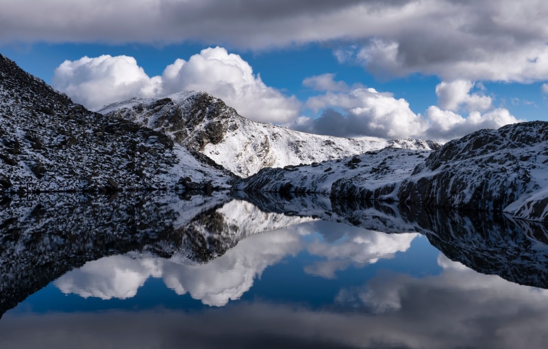 Snow-covered mountains reflected in a lake under cloudy sky