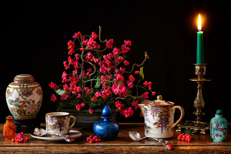 Still-life with Euonymus, Kettle, Cup, Spoon, and Candle