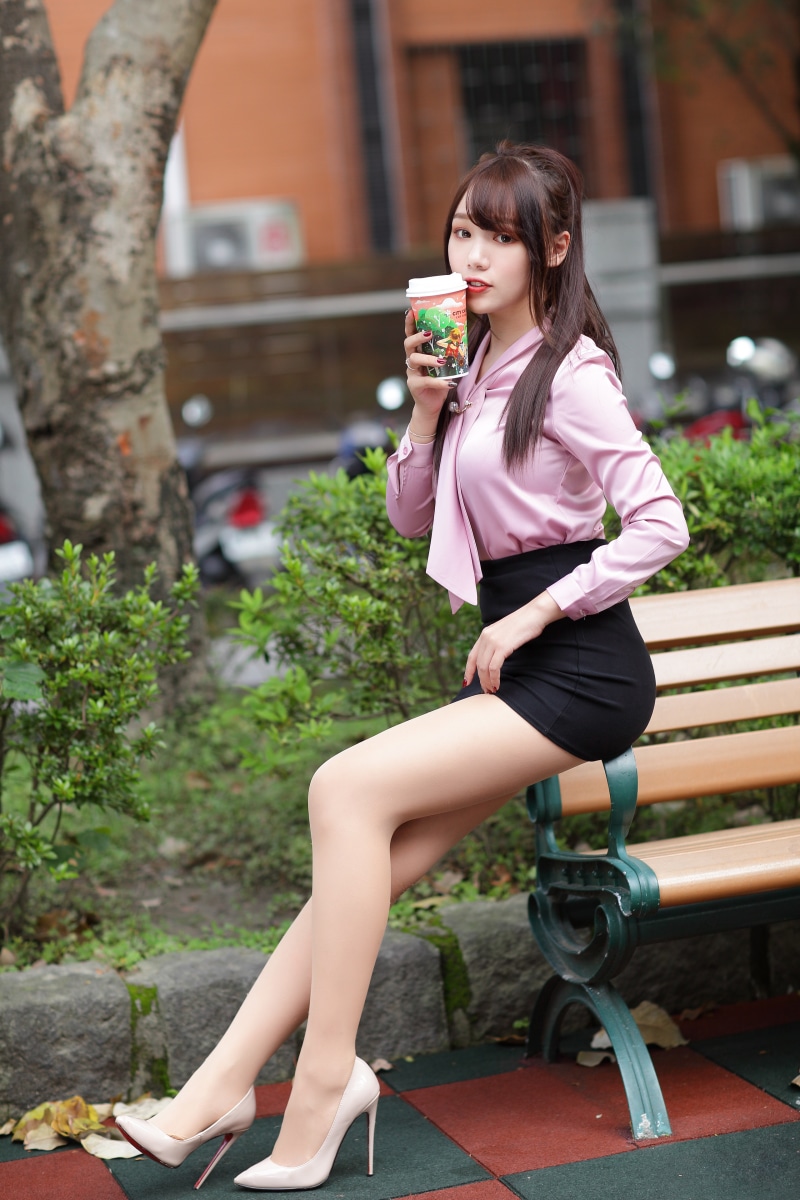 Asian Pose Sitting Legs Stilettos Skirt Blouse Glance Hd Phone