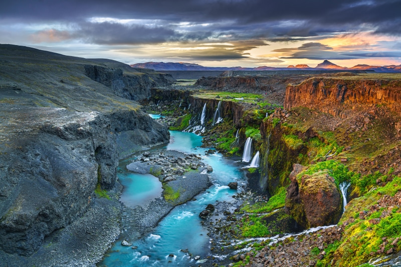 Icelandic Canyon with Waterfalls and Mountains
