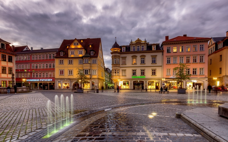 Town square with fountains and buildings in Coburg, Germany