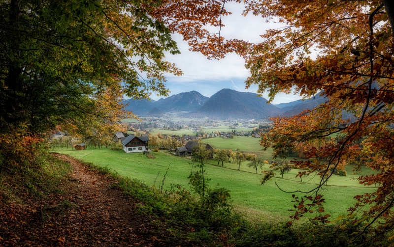 Autumn landscape with mountains and village in Austria