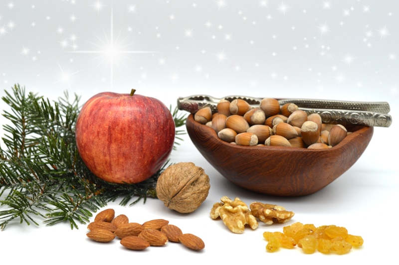 Nuts, Apple, and Pine Branches with Stars