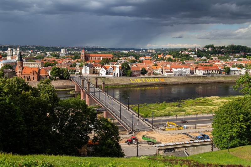 Kaunas, Lithuania: Bridge over Nemunas River with Cityscape