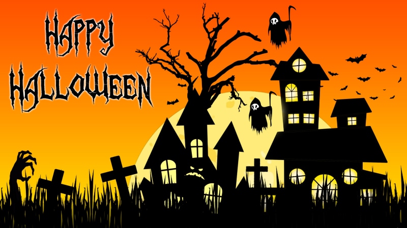 Happy Halloween spooky scene with haunted houses and ghosts