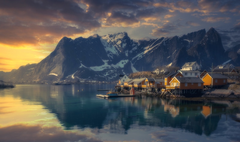 Norway Lofoten Mountains and Village at Sunset