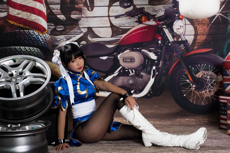 Chun Li from Street Fighter with Harley-Davidson motorcycle