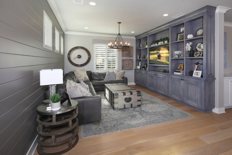 Living room with sectional sofa and built-in entertainment center