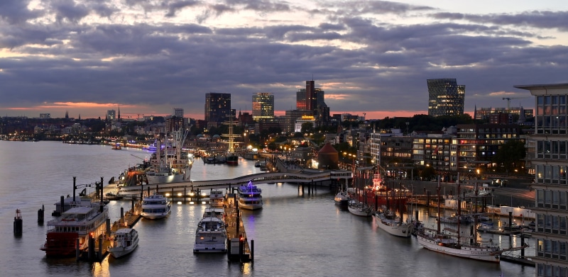 Hamburg Marinas and Riverboats at Dusk