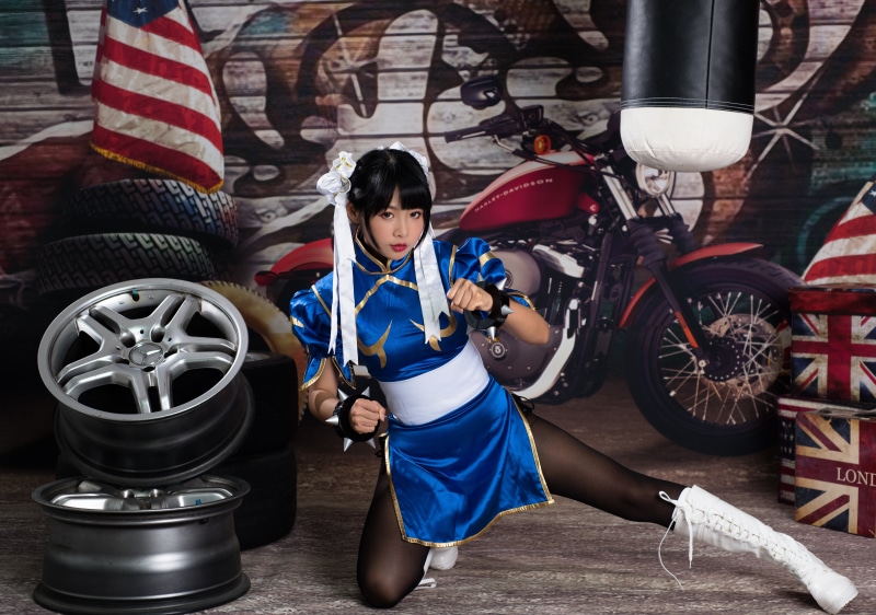 Chun-Li from Street Fighter with Motorcycle and Wheels