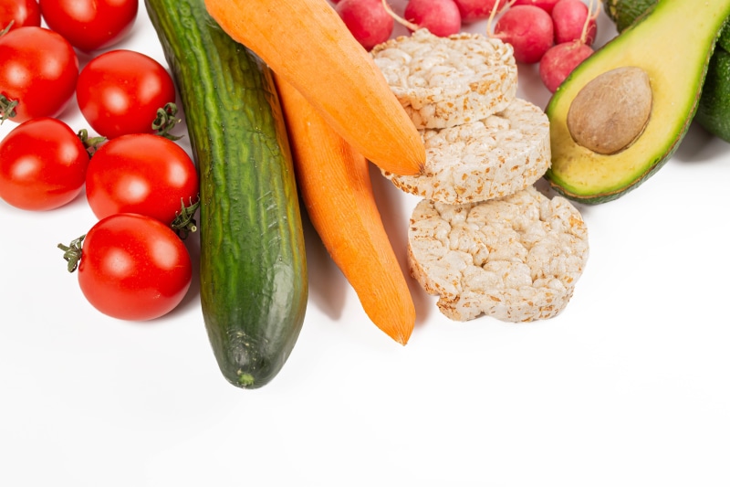 Tomatoes, Cucumbers, Carrots, Avocado, and Rice Cakes