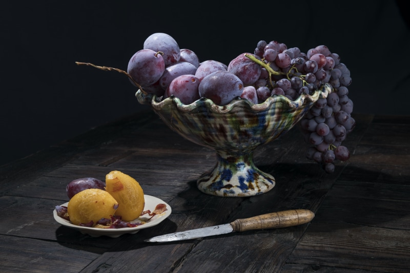 4K Plums, Grapes, Lemons, Knife, and Vase