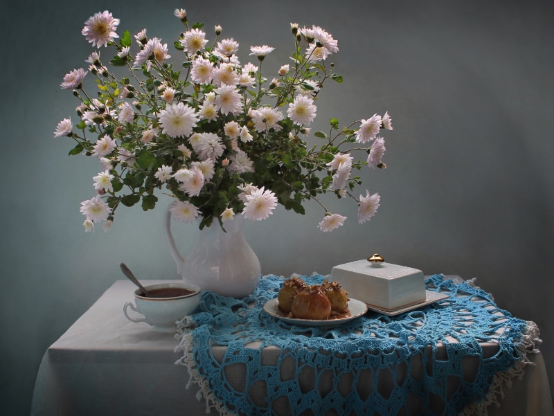 Still-life with Chrysanthemums, Tea, and Baked Apples