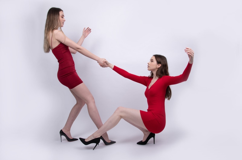 Catherine Breton and Lea Hetu in Red Dresses