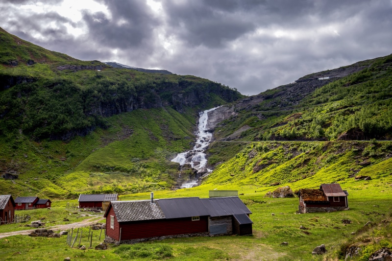 Norway Mountains Waterfall and Village