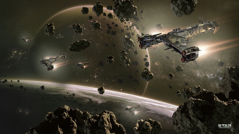 Star Conflict Starships Flying Through Asteroid Field Near Planet