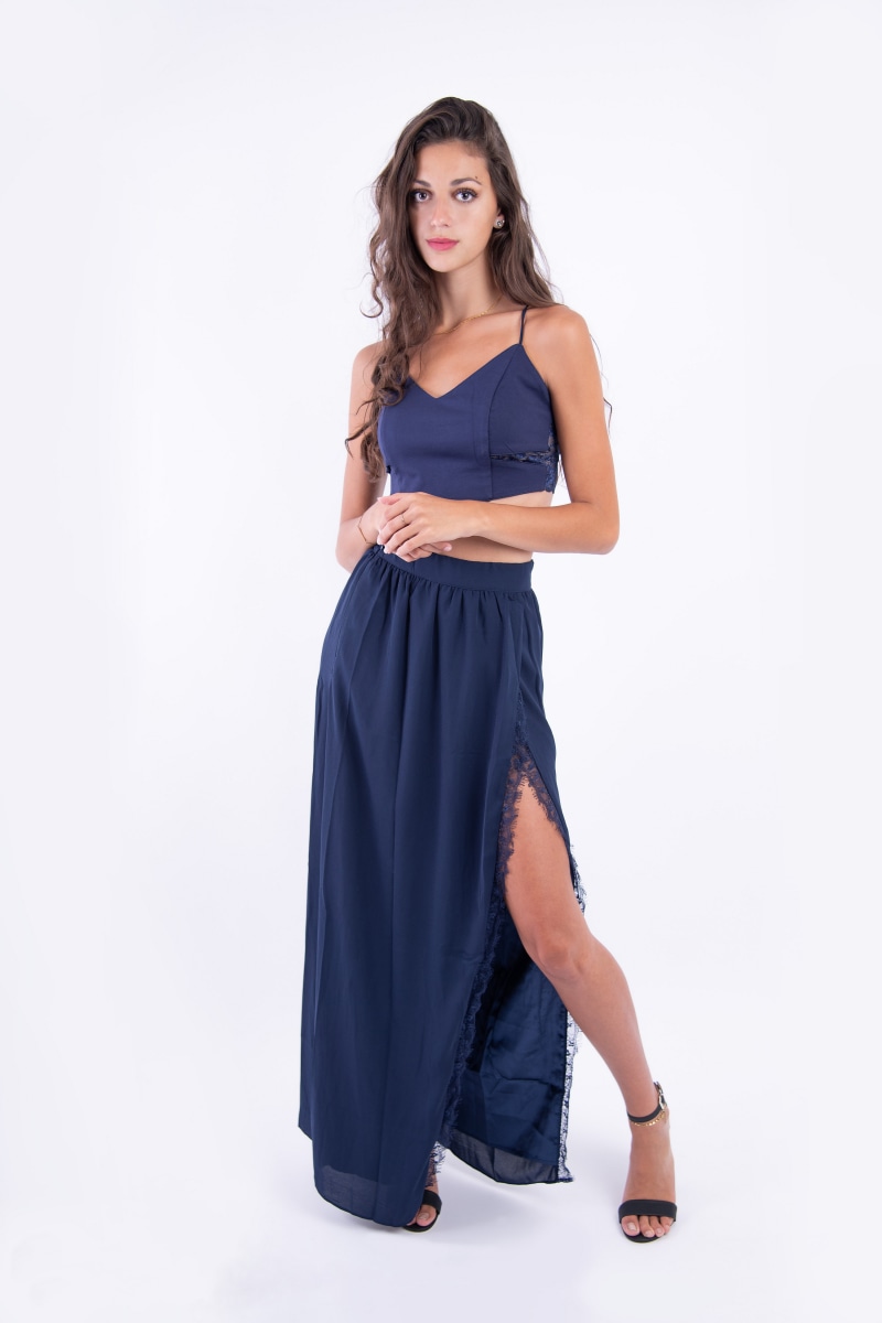 Emmie Martin in a navy blue dress