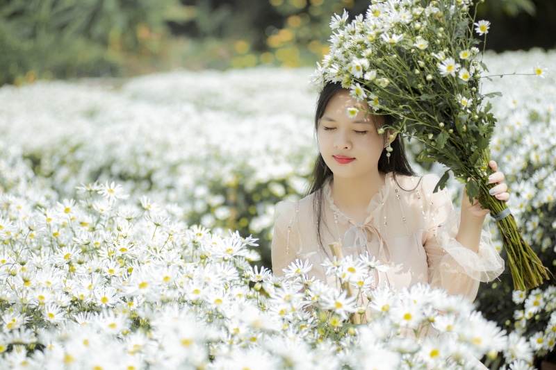 Asian woman holding camomile bouquet in field
