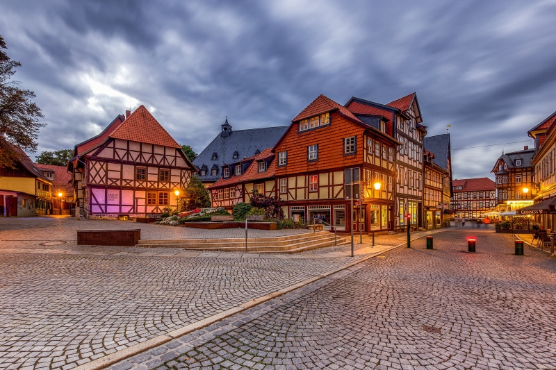 Wernigerode half-timbered houses and cobblestone street at dusk