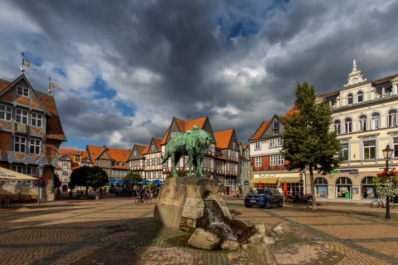 Town square with equestrian statue in Germany