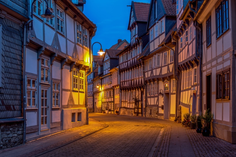 Street with half-timbered houses in Germany at dusk