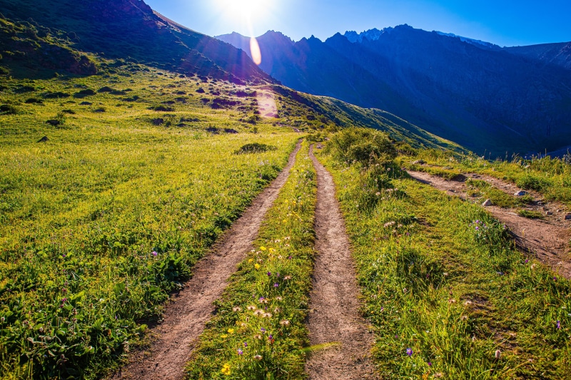 Dirt road through a grassy mountain landscape in Kyrgyzstan
