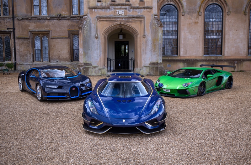 Bugatti Chiron, Koenigsegg Regera, and Lamborghini Aventador