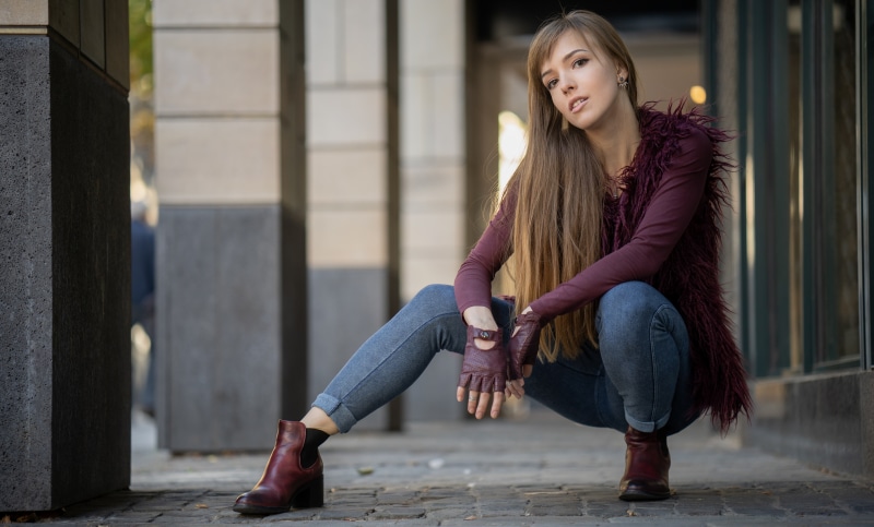 Yulia in Jeans and Burgundy Outfit