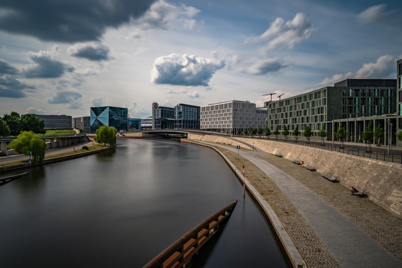 Spree River with Modern Buildings in Berlin, Germany