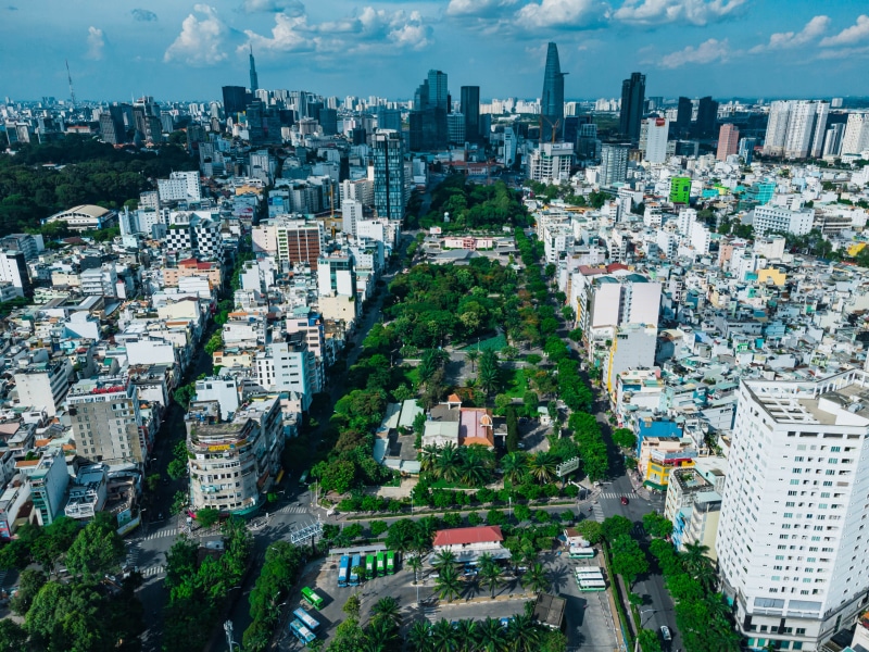 Ho Chi Minh City skyline with park and buildings from above