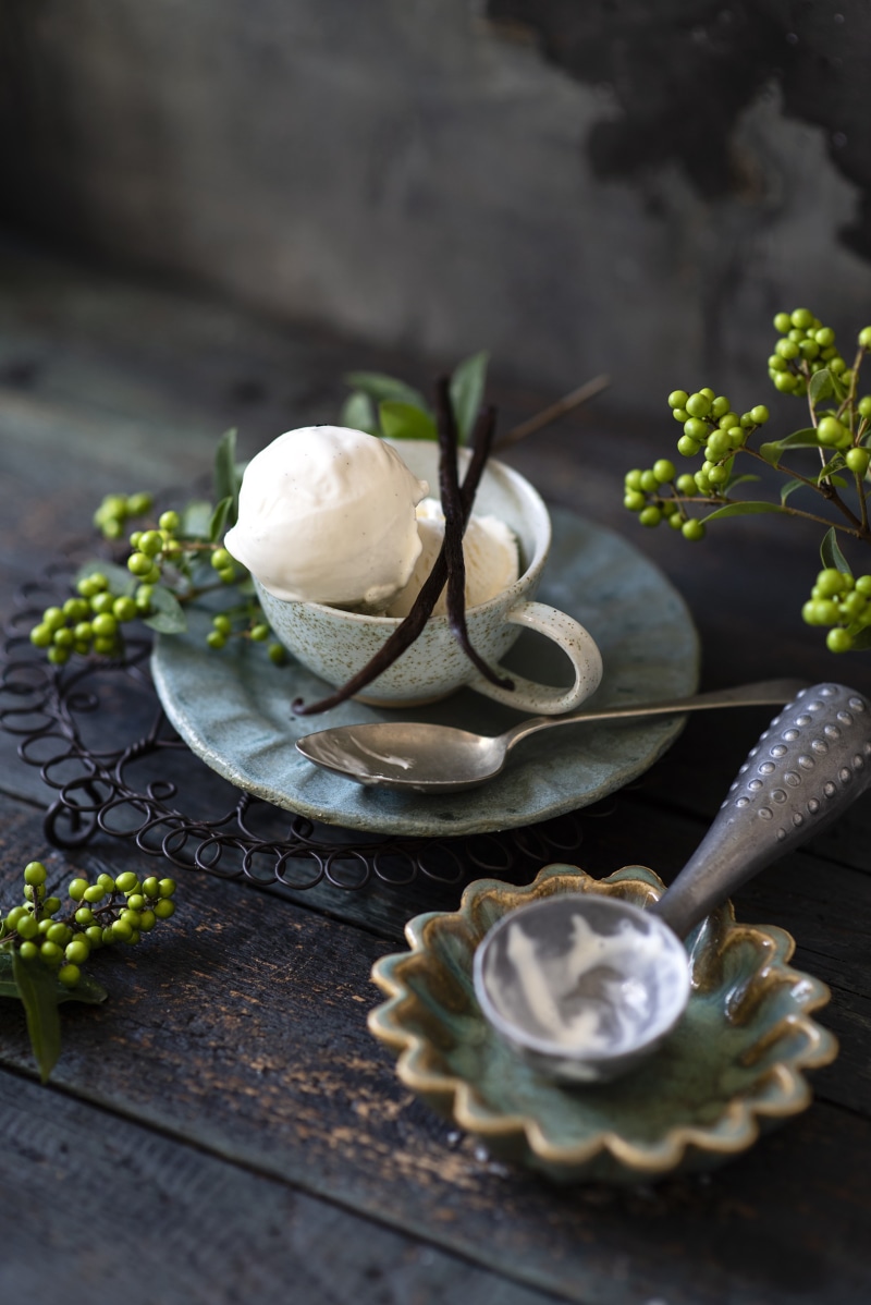 Vanilla ice cream in a cup with vanilla beans