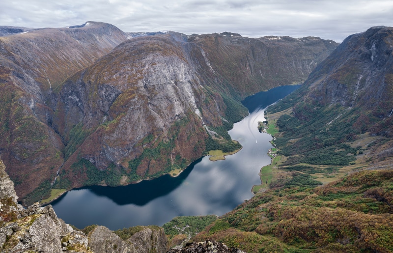 4K Gudvangen Fjord and Mountains in Norway from Above