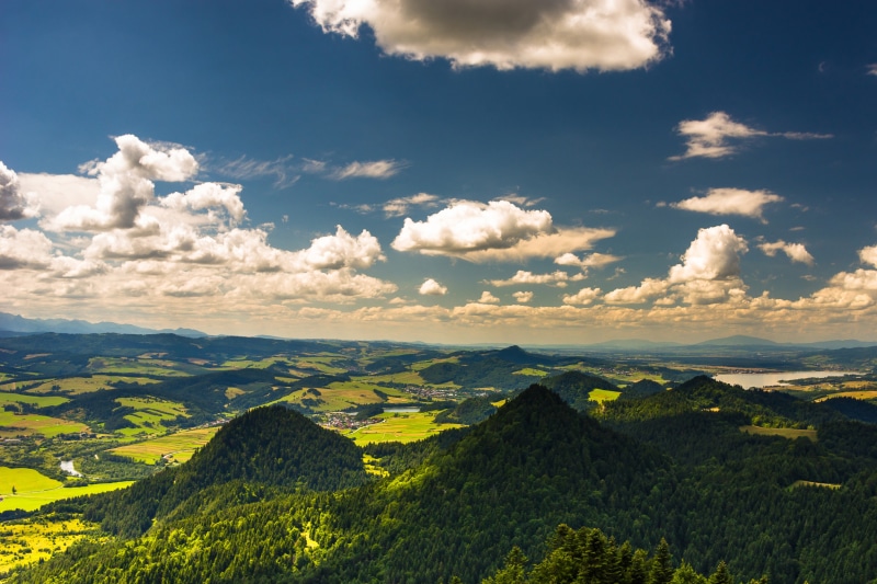 Pieniny Mountains landscape with fields and forests in Poland