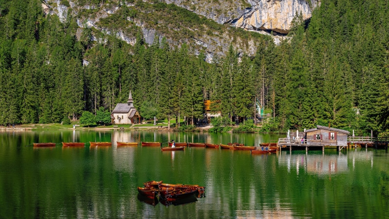 Lake Braies with Boats and Church in Italy