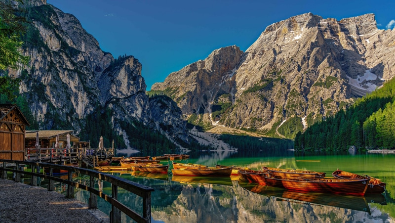Lake Braies with Boats and Mountains in Italy