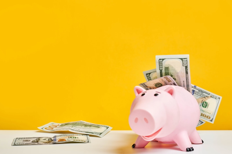 Pink Piggy Bank with US Dollar Bills