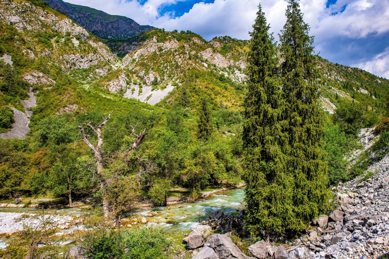 River flowing through a mountain valley in Kyrgyzstan