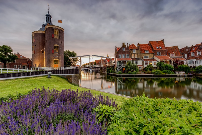 Enkhuizen, Netherlands Canal with Tower and Houses