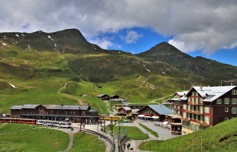 Trains and hotels at Jungfrau, Switzerland Alps