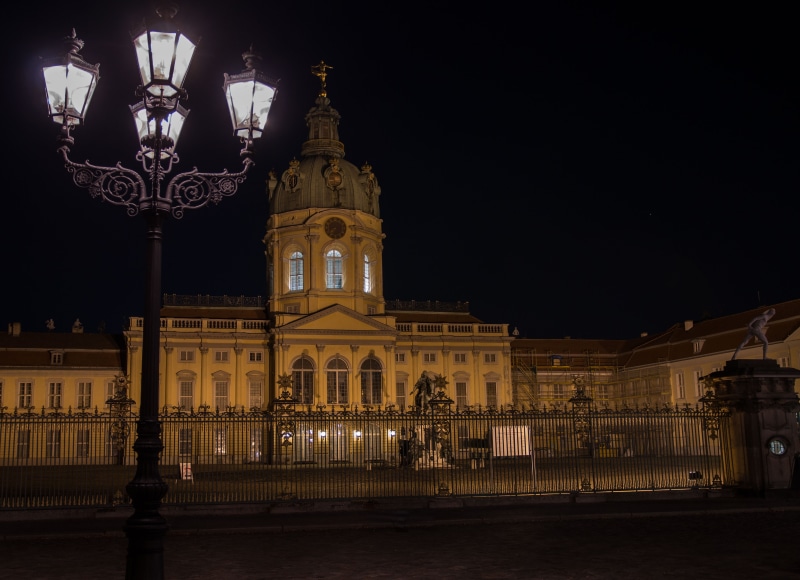 Charlottenburg Palace at night with street lights