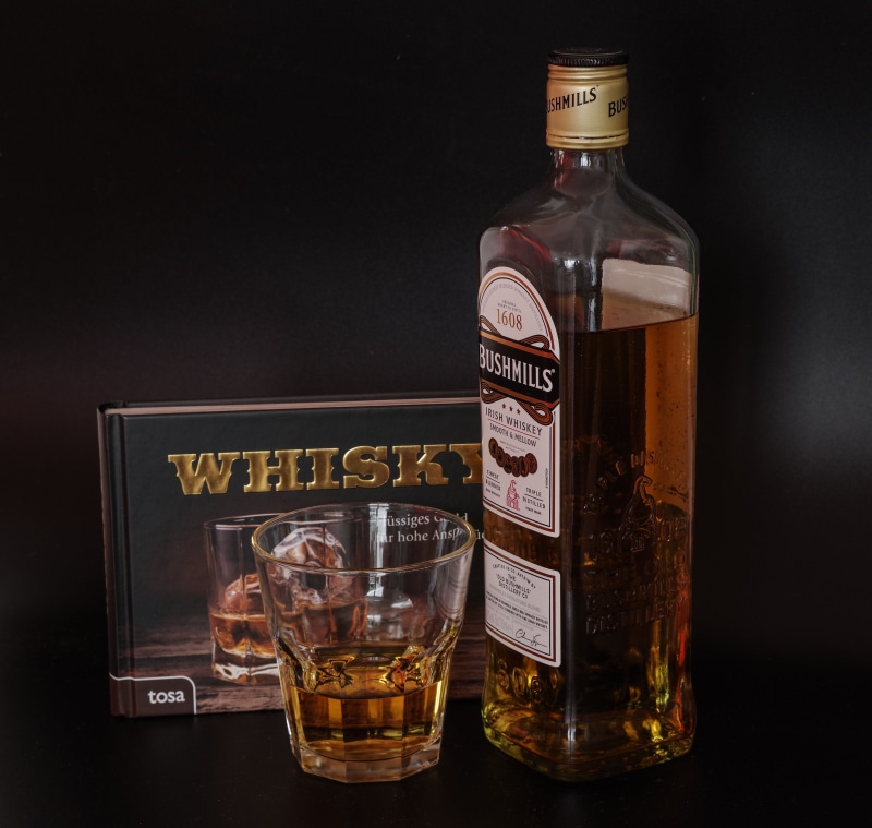 Bushmills Irish Whiskey bottle and glass with book
