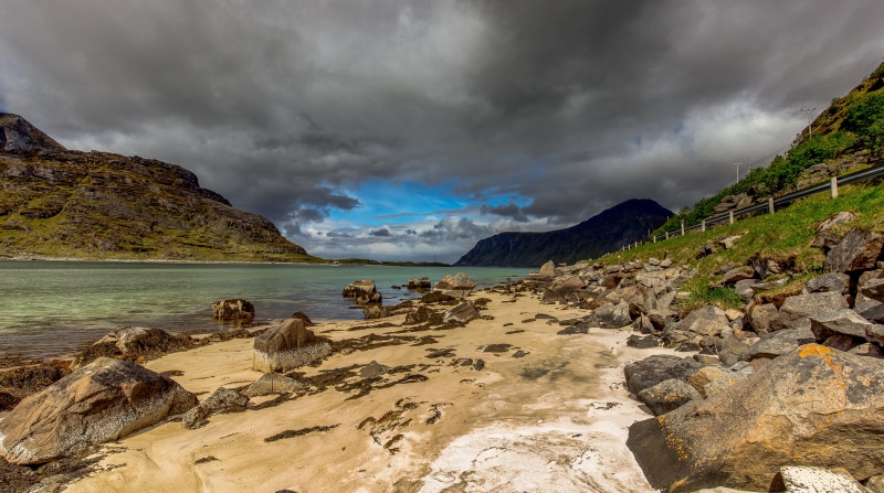 Uttakleiv Beach, Norway, Mountains, Stones, Clouds