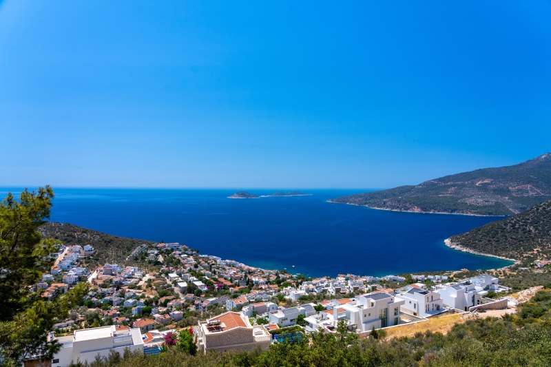 Kalkan, Turkey Coastline with Houses and Sea